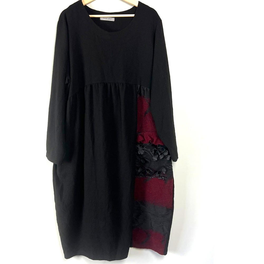 Zedd Plus Black 3D Floral Applique Mixed Media Midi Dress Sz 3 2XL Lagenlook
